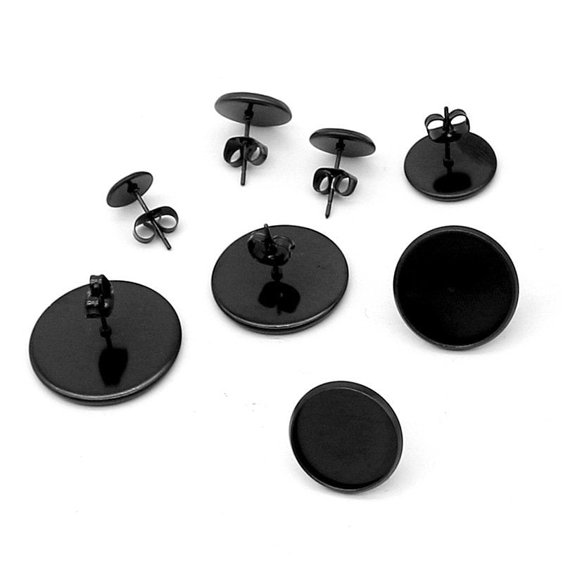 10 Black stainless steel ear stud cabochon settings - fits 8, 10, 12 or 14mm cabochons