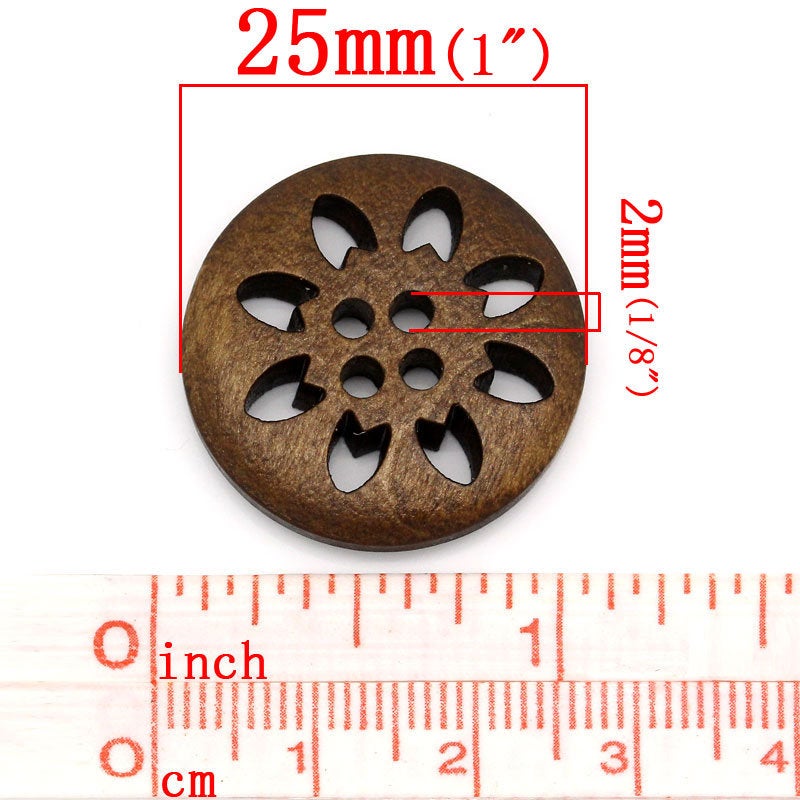 6 boutons de bois fleur dentelle 25mm