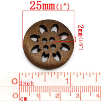 6 boutons de bois fleur dentelle 25mm