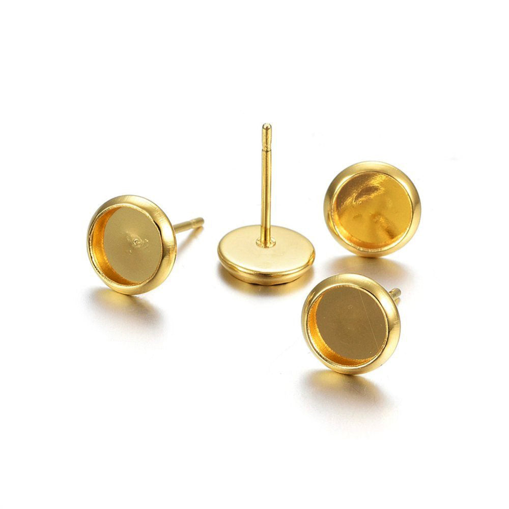 10 Gold stainless steel ear stud cabochon settings - fits 6, 8, 10 or 12mm cabochons