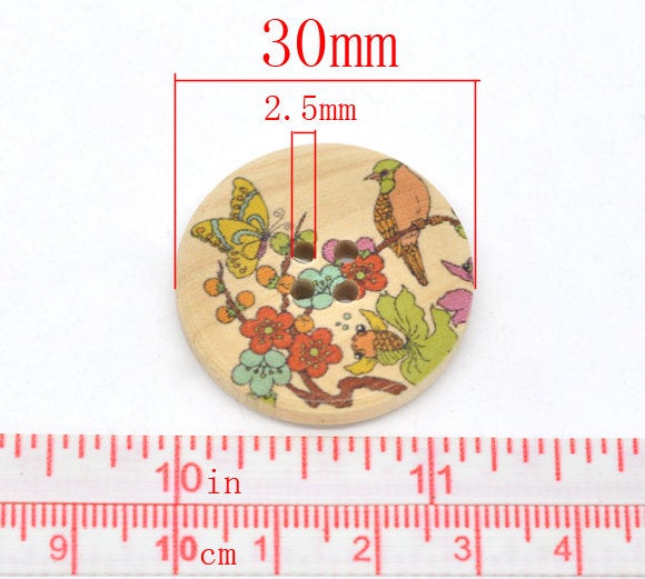Bird and Foliage Pattern Wooden Sewing Button 30mm - set of 6 wood buttons 