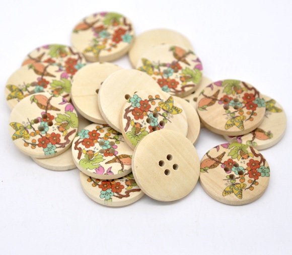 Bird and Foliage Pattern Wooden Sewing Button 30mm - set of 6 wood buttons 
