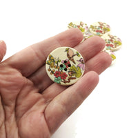 Bird and Foliage Pattern Wooden Sewing Button 30mm - set of 6 wood buttons 