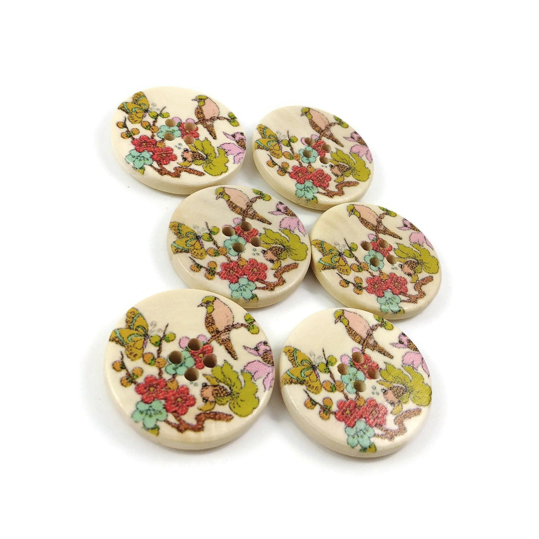 Bird and Foliage Pattern Wooden Sewing Button 30mm - set of 6 wood buttons 