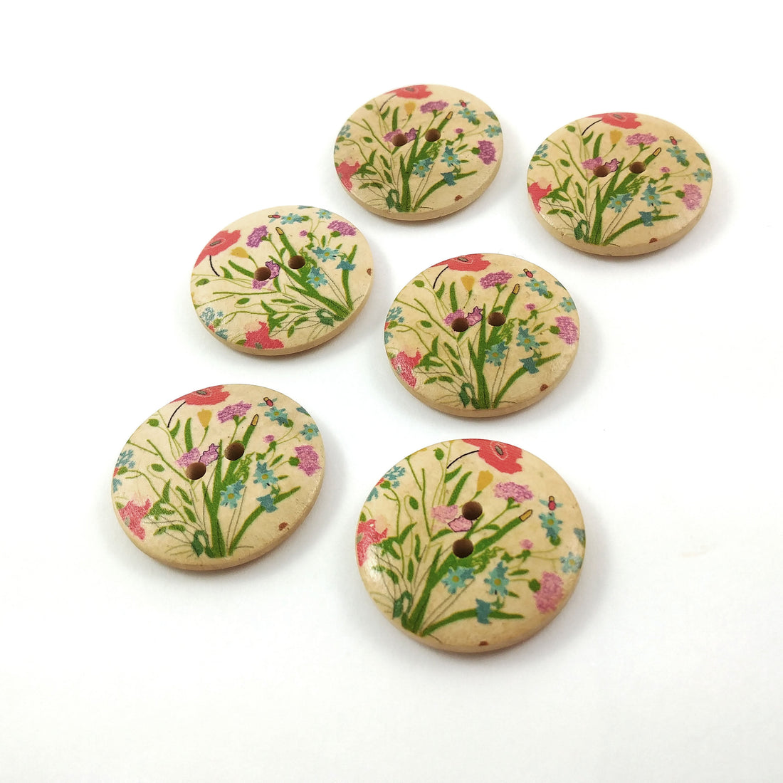 6 Spring flowers wood sewing buttons - 30mm craft buttons