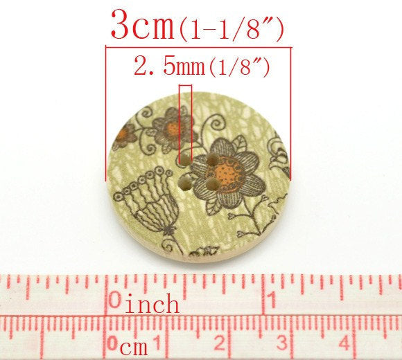 Bouton de bois avec motif vert kaki et orange de fleur - ensemble de 6 boutons en bois naturel de 3cm