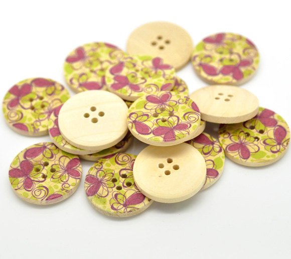 Bouton de bois avec motif floral vert et rose fushia de 3cm - ensemble de 6 boutons boutons de bois naturel