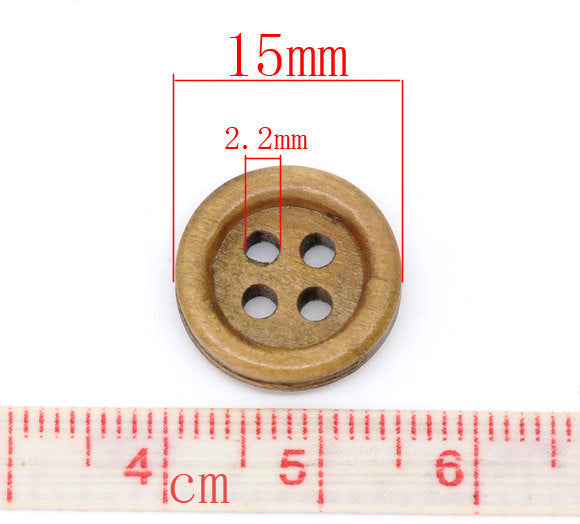 Bouton de bois à 4 trous en bois naturel brun de 15mm - ensemble de 15