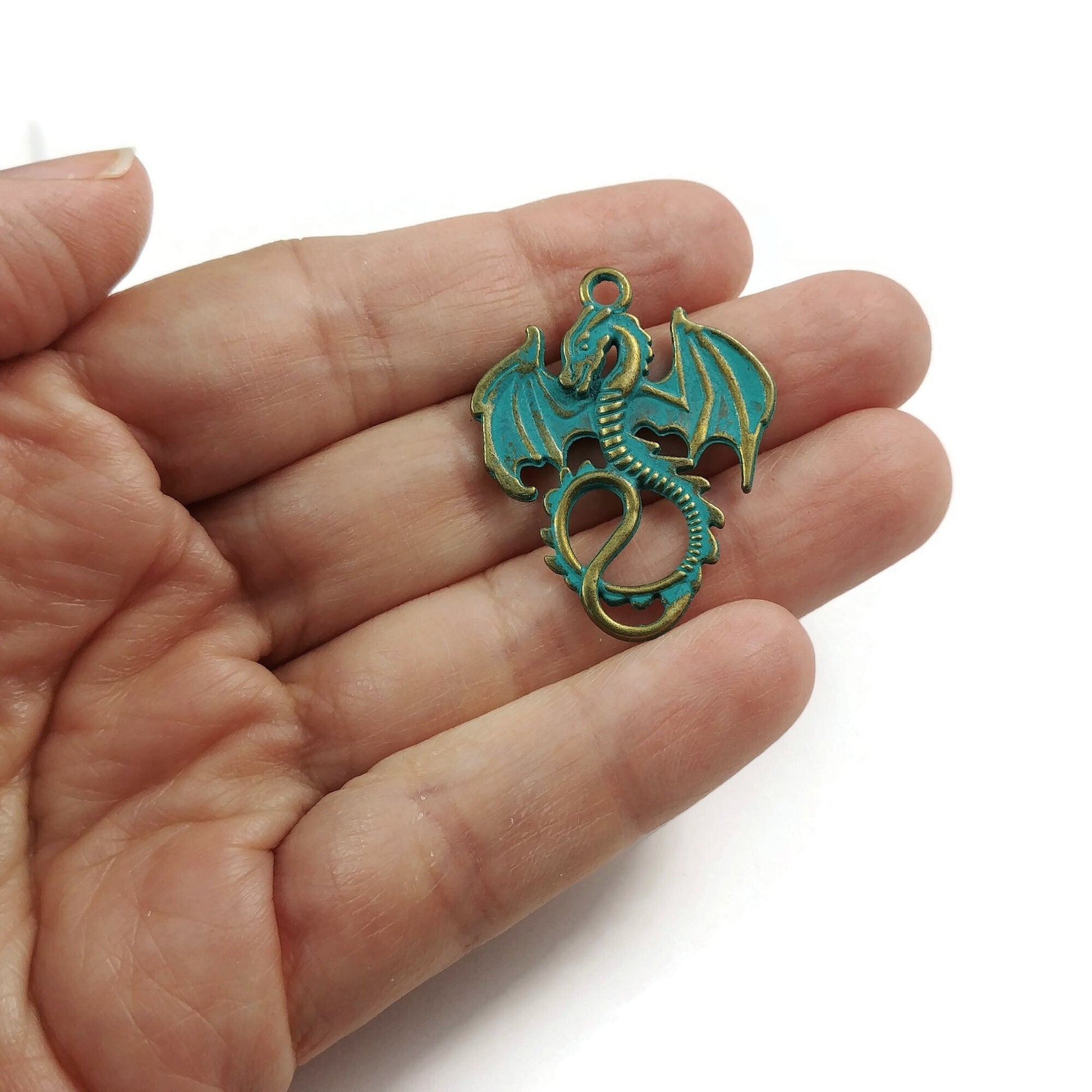 Large dragon charm, Hypoallergenic DIY necklace pendant, Fantaisy medieval pendant, patina or bronze plated charms