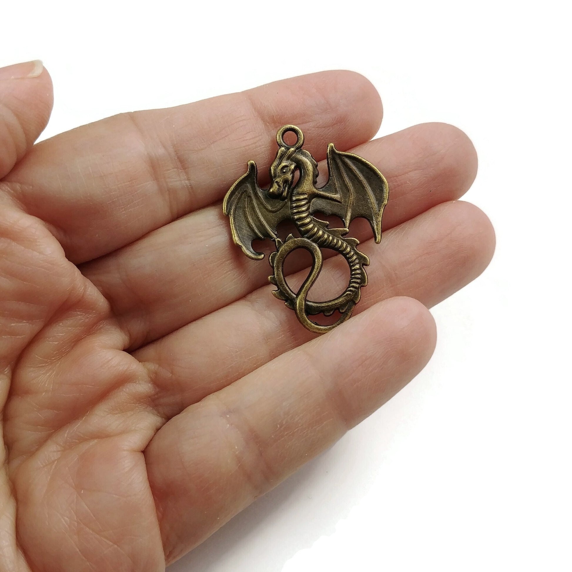 Large dragon charm, Hypoallergenic DIY necklace pendant, Fantaisy medieval pendant, patina or bronze plated charms