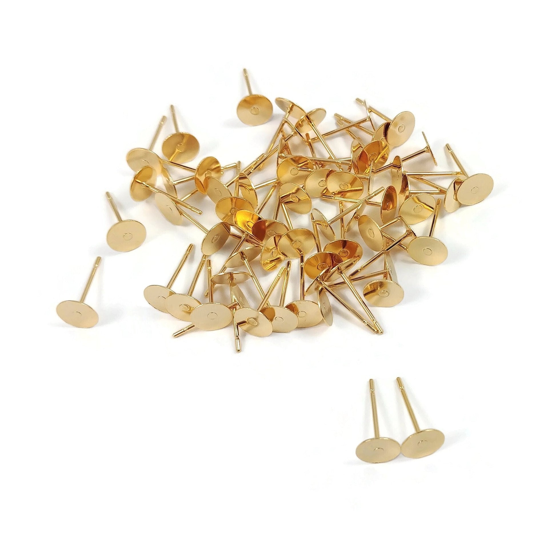 24K gold plated earring post, 6mm stainless steel flat pad studs, 50pcs (25 pairs) blank parts for jewelry making