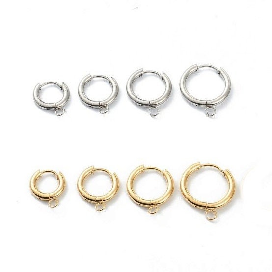 Stainless steel huggie hoops with loop, Gold, Silver, Earring findings, Small round hoops for jewelry making