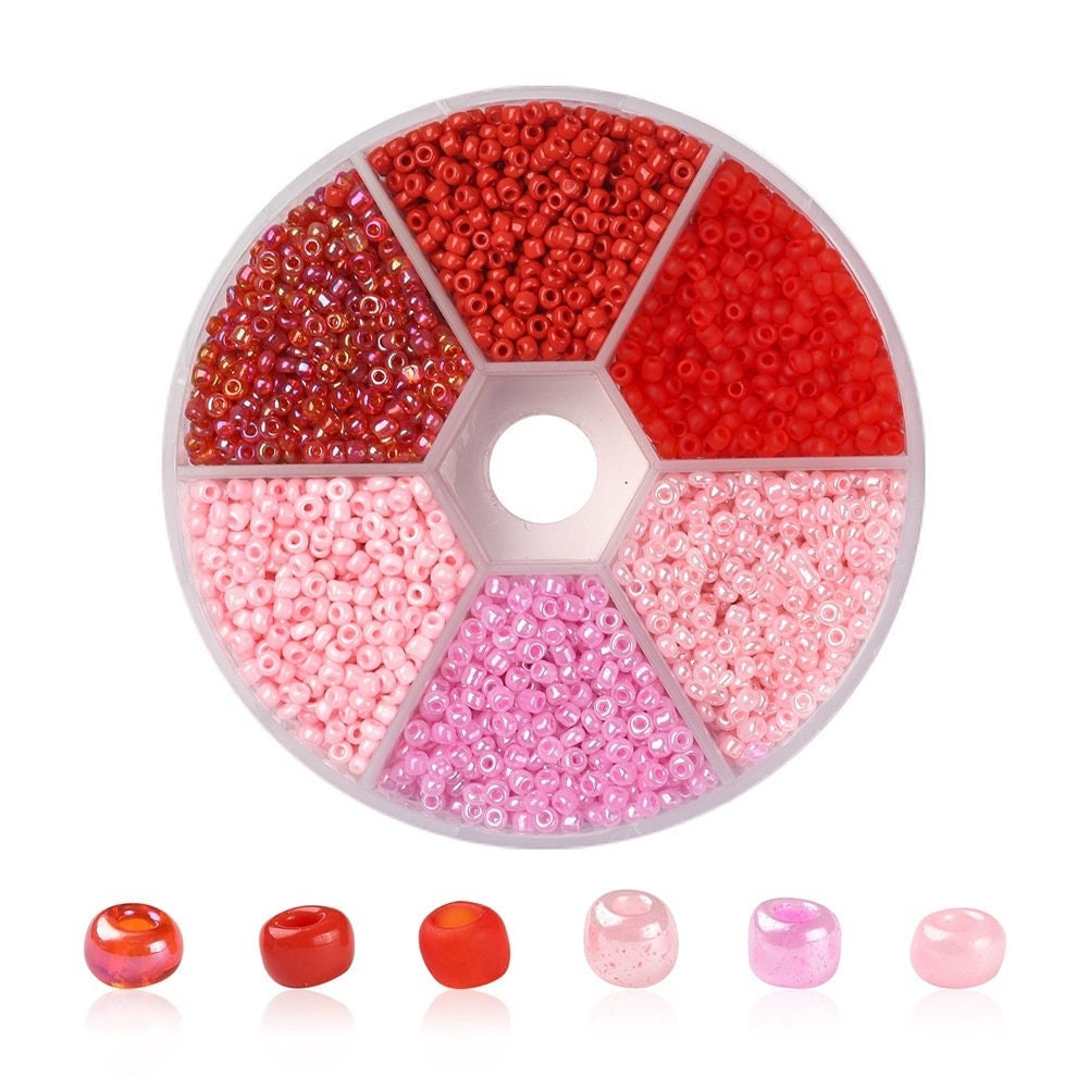 Glass seed beads kit, Assorted red and pink, 2mm 3mm 4mm, Jewelry making set