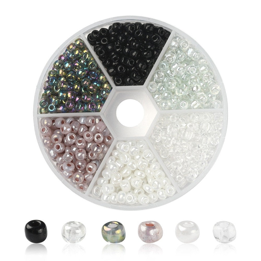 Glass seed beads kit, Assorted black white grey, 2mm 3mm 4mm, Jewelry making set