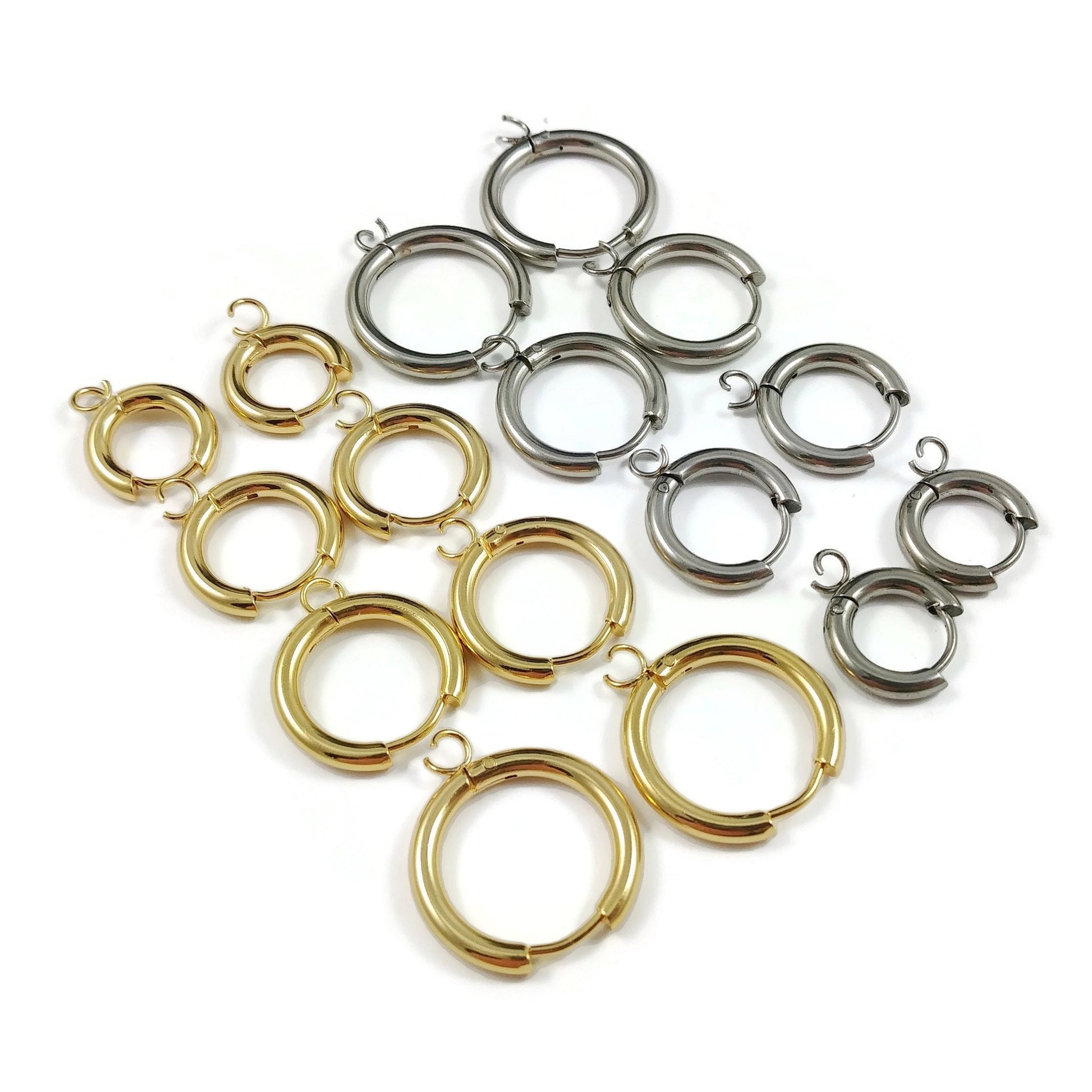 Stainless steel huggie hoops with loop, Gold, Silver, Earring findings, Small round hoops for jewelry making