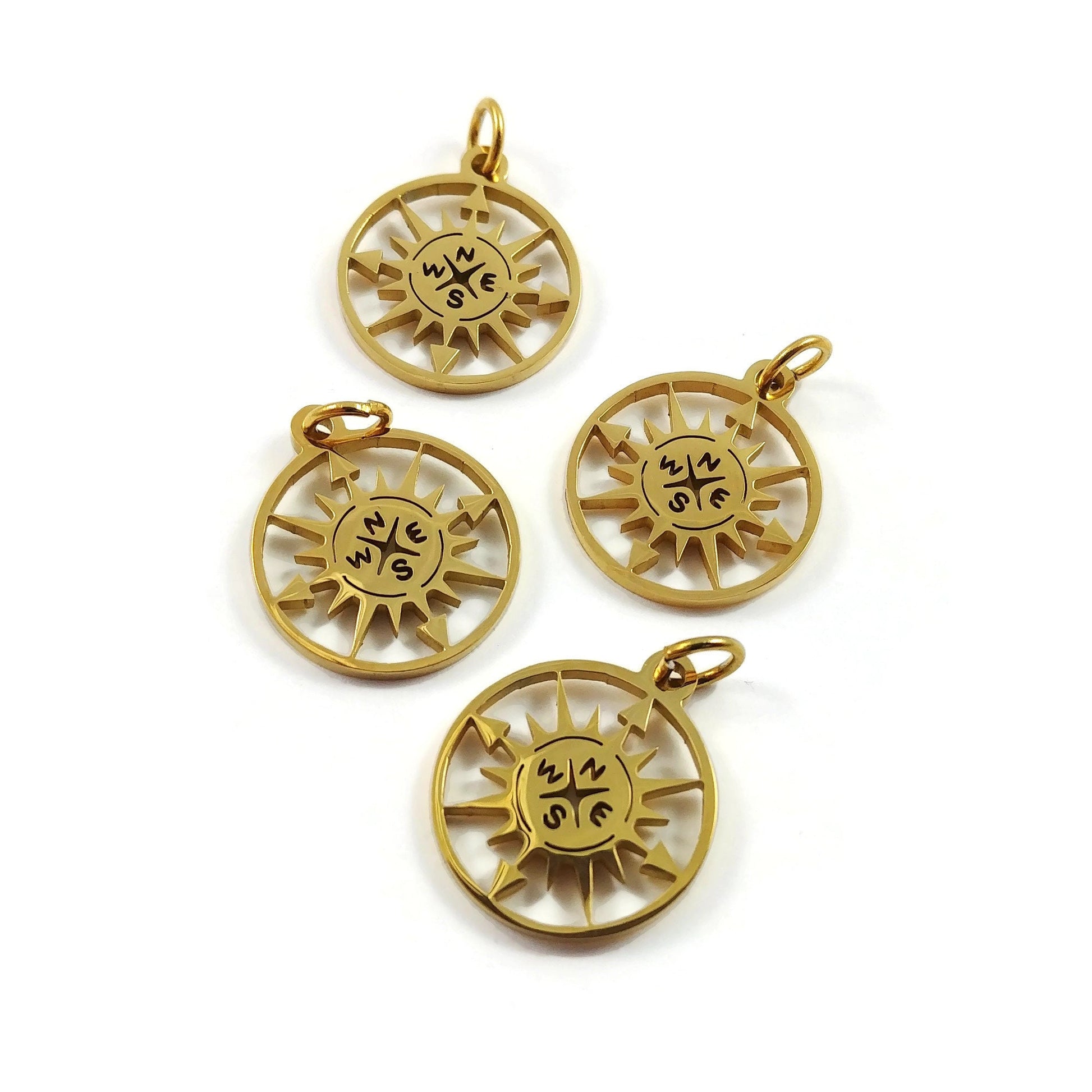 Compass rose charm, Stainless steel DIY necklace pendant, Travel nautical pendant, gold silver plated charms