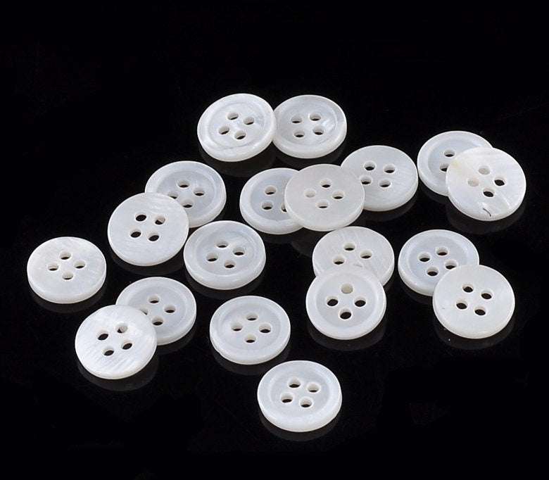 Mother of pearl buttons, Natural shell sewing buttons, 4 sizes available, 4 holes white shirt buttons