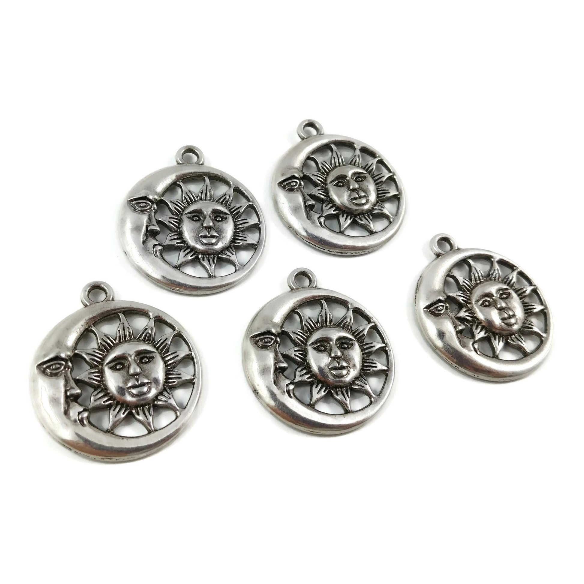 5 sun and moon charms, 30mm nickel free metal pendants, 3D charms for jewelry making
