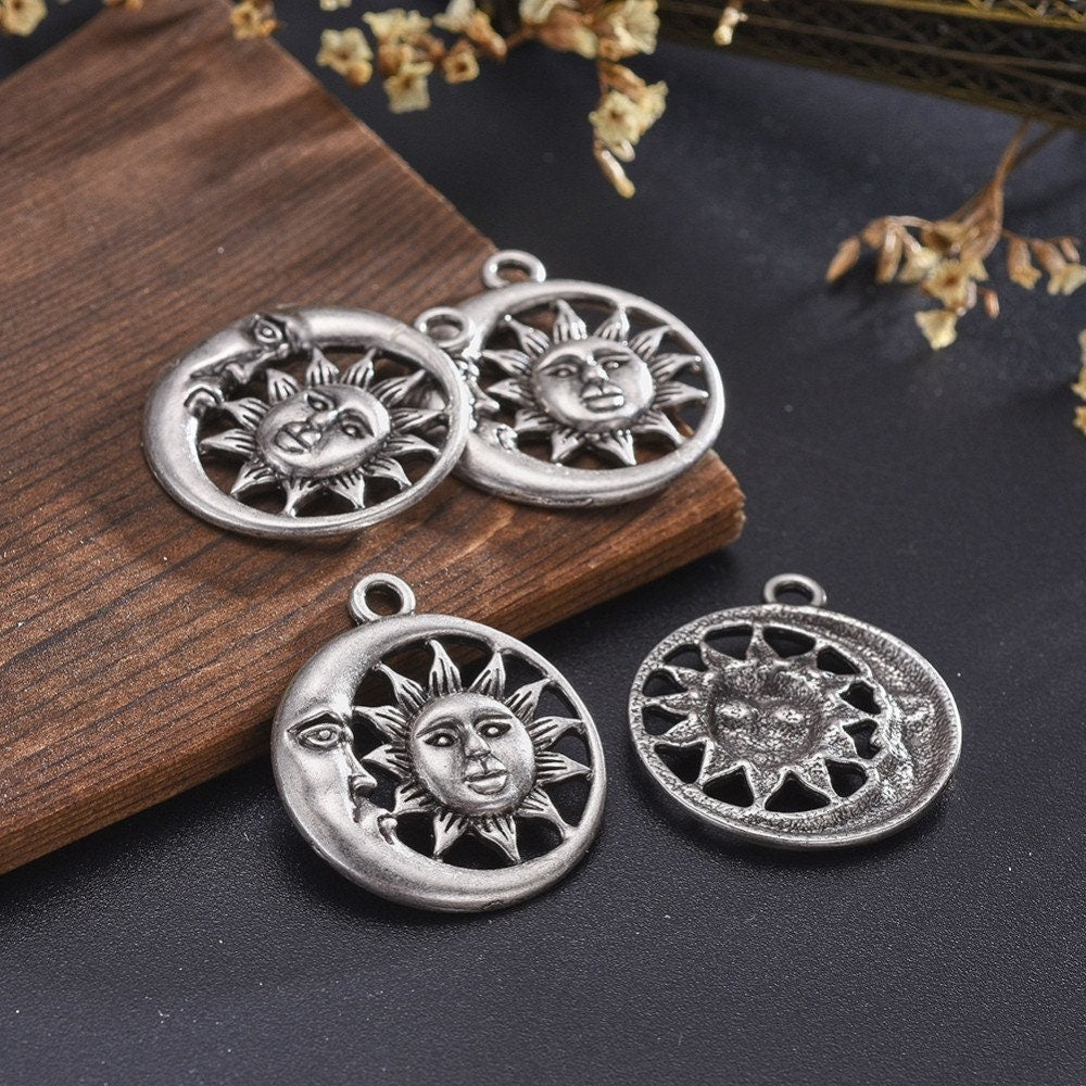 5 sun and moon charms, 30mm nickel free metal pendants, 3D charms for jewelry making
