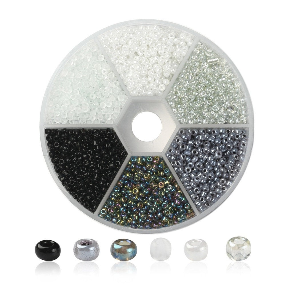 Glass seed beads kit, Assorted black white grey, 2mm 3mm 4mm, Jewelry making set