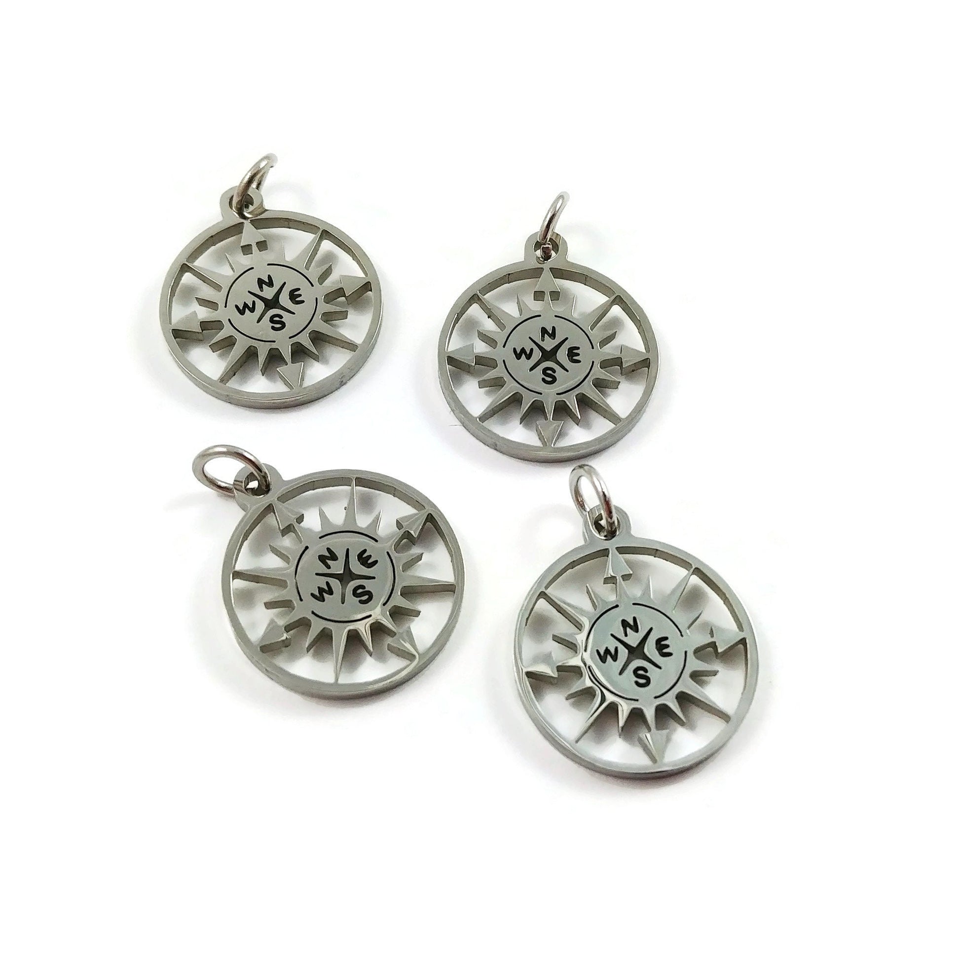 Compass rose charm, Stainless steel DIY necklace pendant, Travel nautical pendant, gold silver plated charms