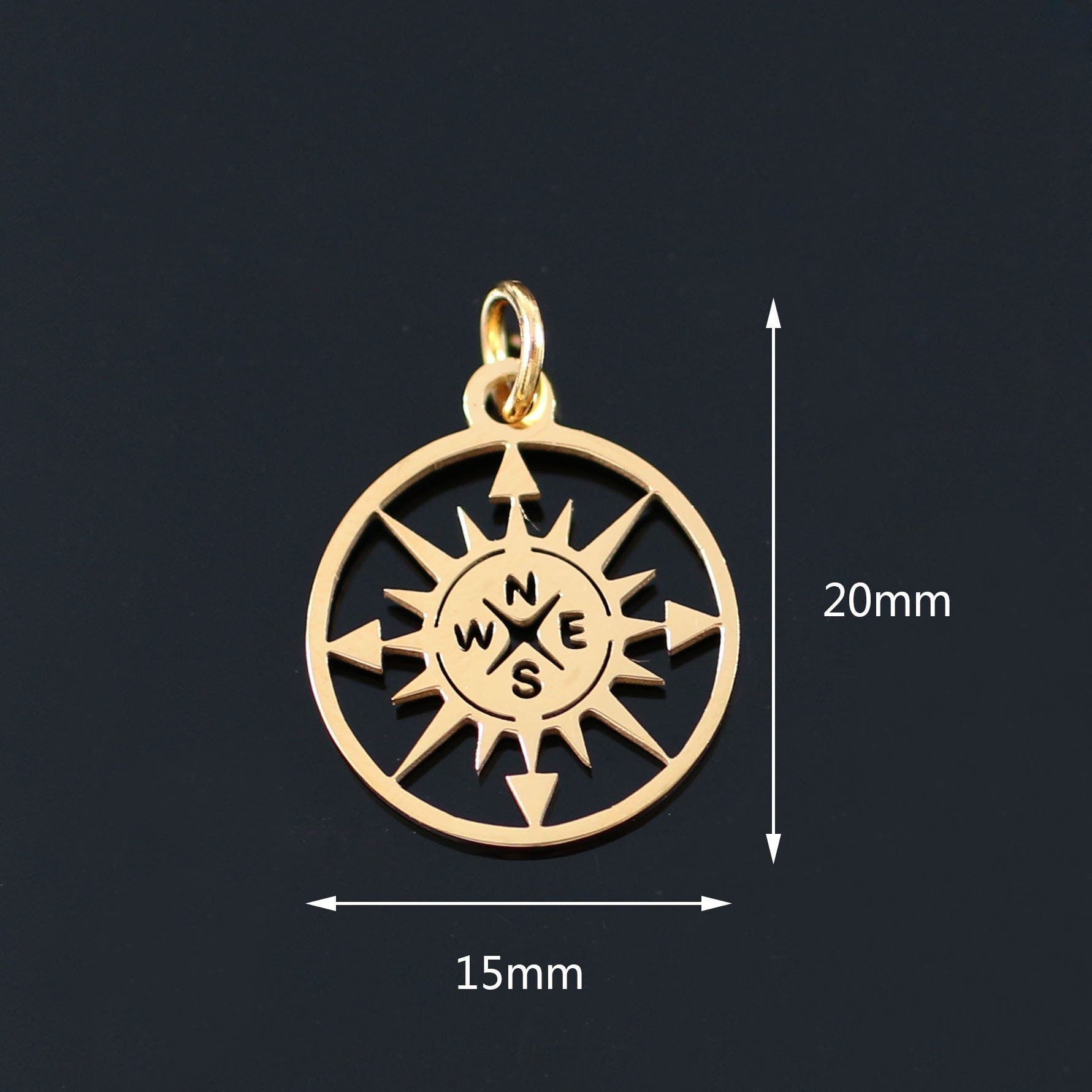 Compass rose charm, Stainless steel DIY necklace pendant, Travel nautical pendant, gold silver plated charms