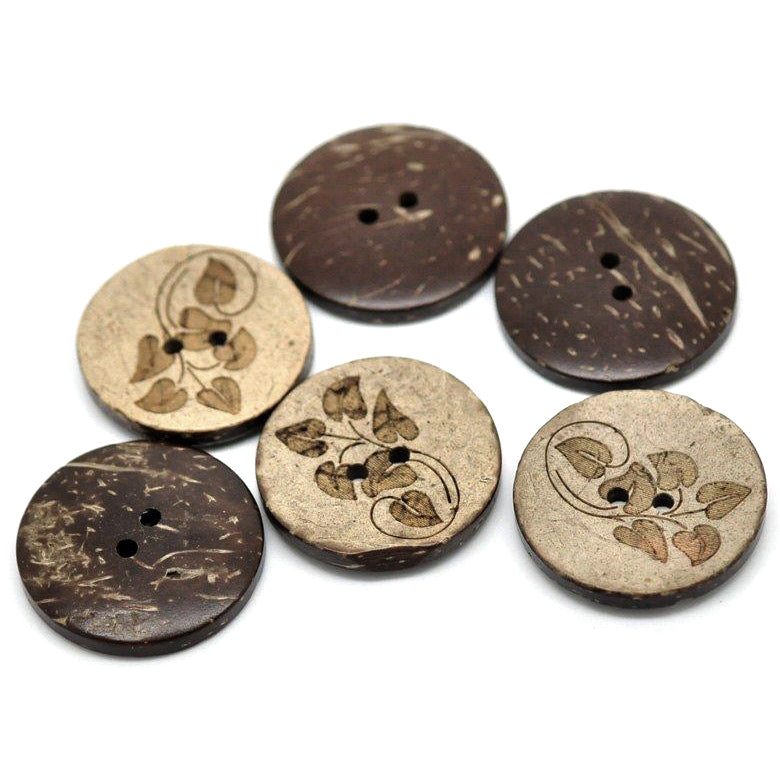 6 Boutons en bois de coco 28mm - motif de feuilles