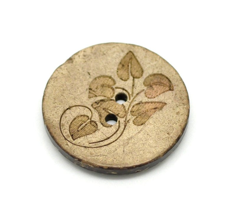 6 Boutons en bois de coco 28mm - motif de feuilles
