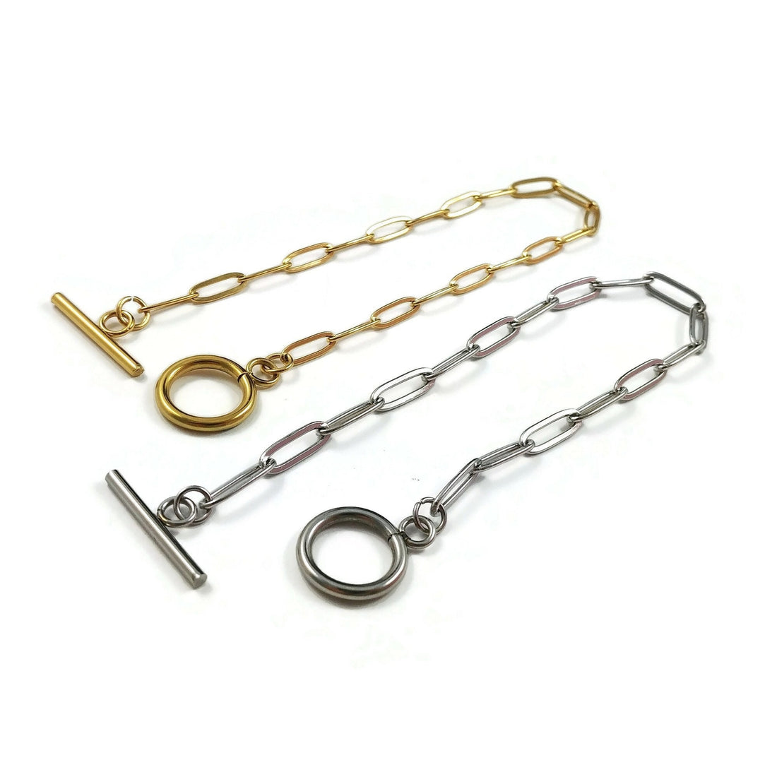 Stainless steel paperclip chain bracelet, Gold, Silver, Toggle clasp