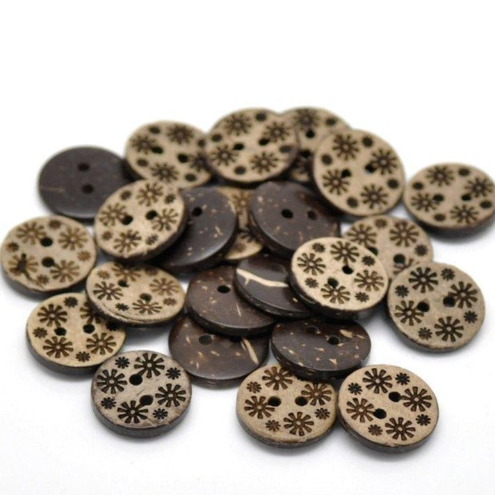 10 Boutons en bois de coco 15mm - Fleurs Primitives