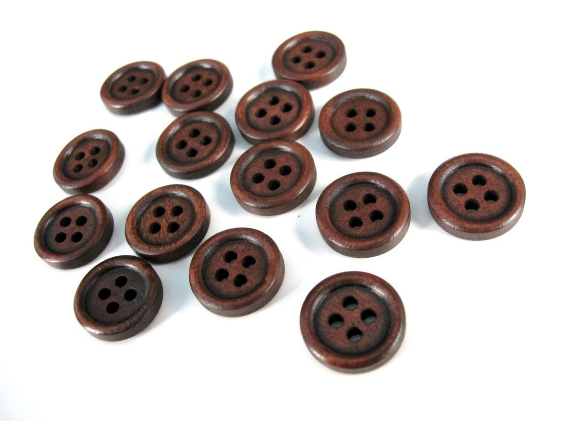 Bouton de bois à 4 trous en bois naturel brun foncé de 15mm - ensemble de 15