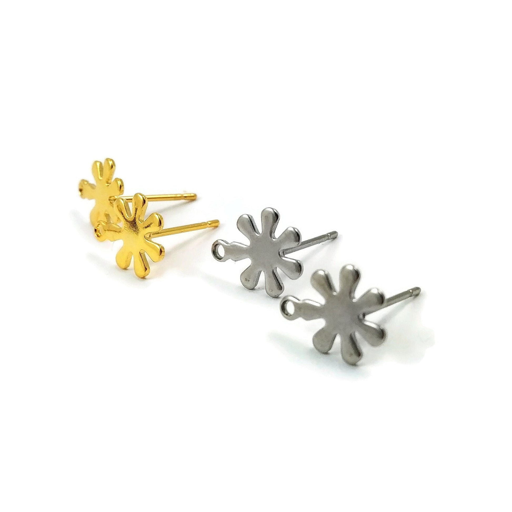 9mm flower ear studs with loop, Stainless steel earring posts, Hypoallergenic gold or silver jewelry findings