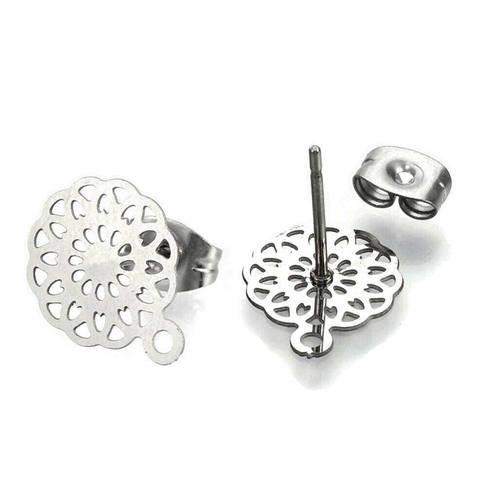 Filigree flower earring posts, 5 pairs stainless steel studs with loop, Hypoallergenic jewelry findings