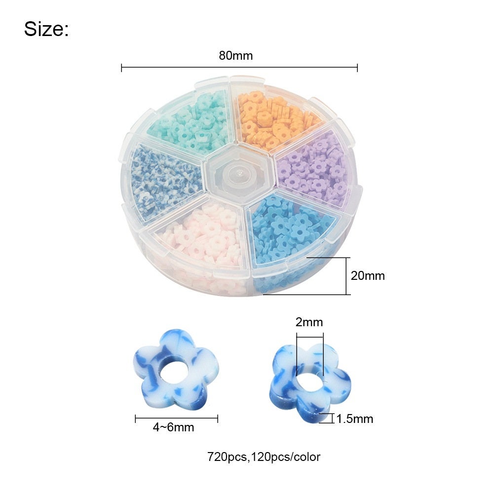 720 flower clay beads, Jewelry bracelet making set DIY, 6 assorted colors box, Colorful heishi beads kit