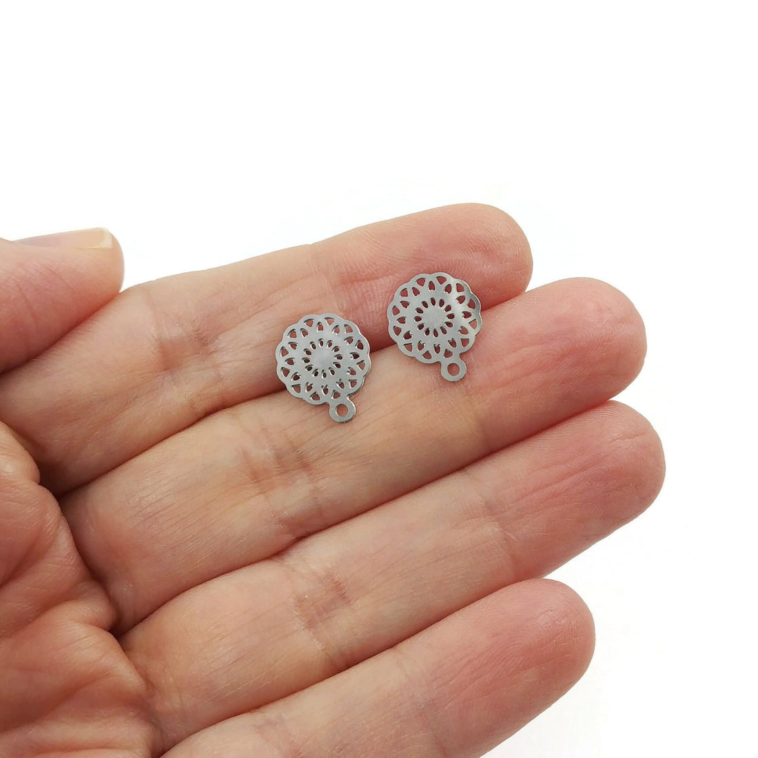 Filigree flower earring posts, 5 pairs stainless steel studs with loop, Hypoallergenic jewelry findings
