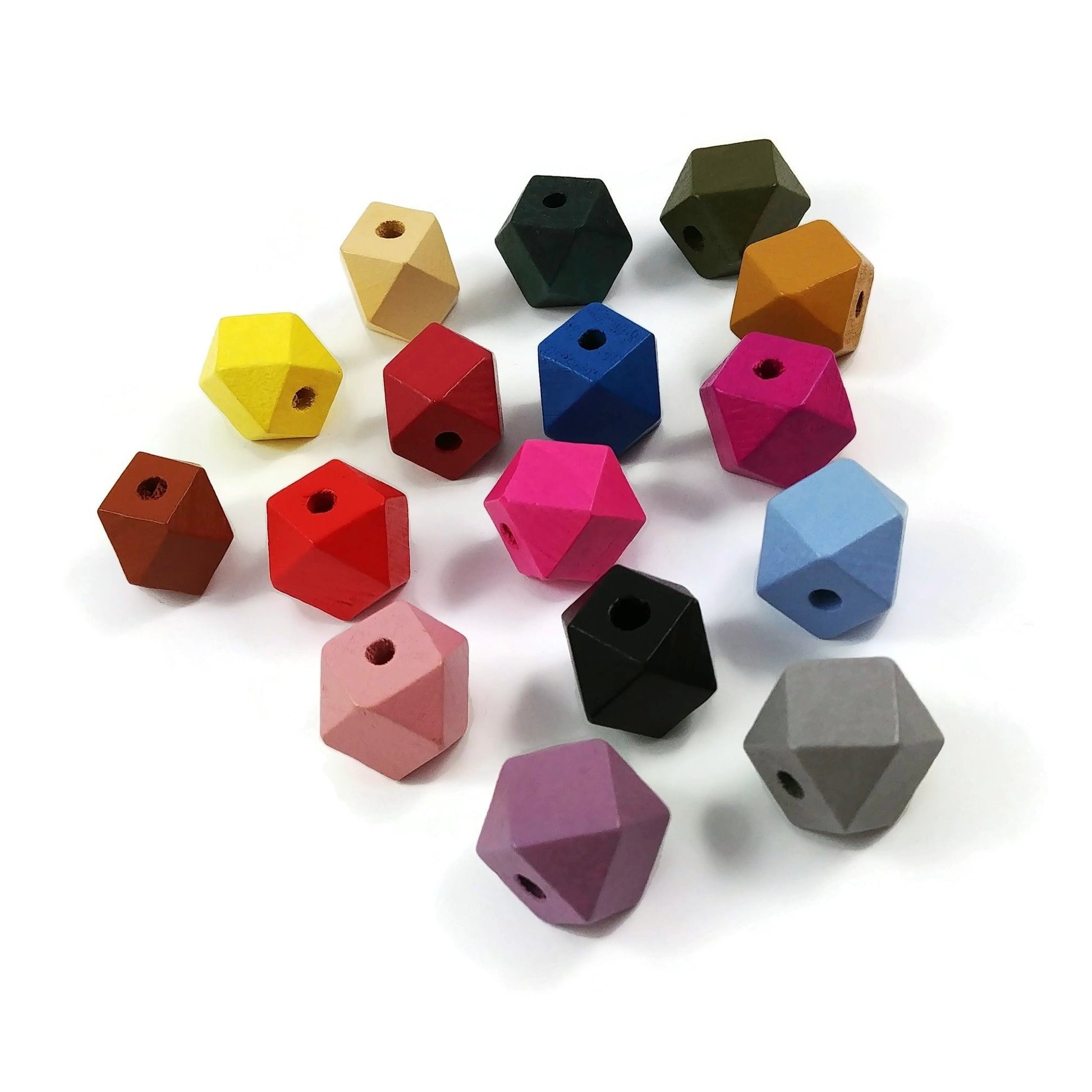 14mm faceted hexagon wood beads, Big geometric beads for jewelry making