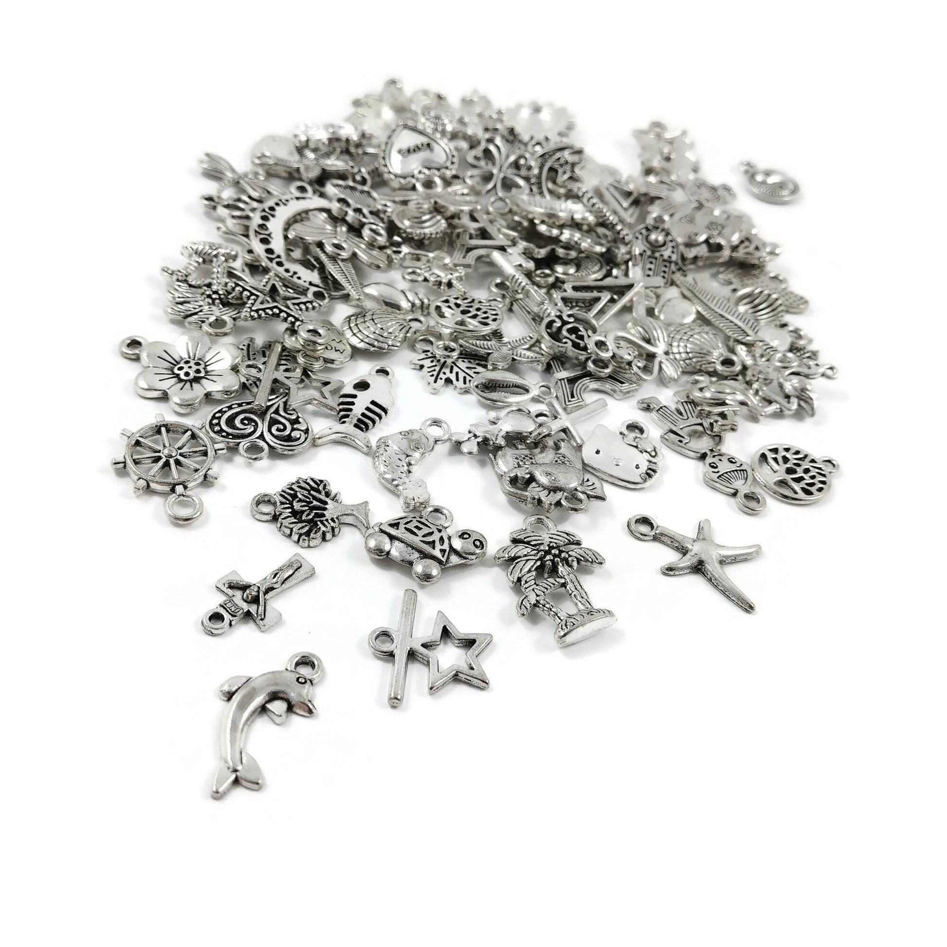 100 assorted bulk charms, Nickel free metal mixed pendants, Silver charm mix grab bag for jewelry making