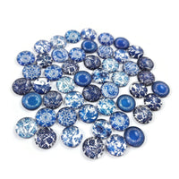 Mixed blue flower glass cabochons, set of 50, White porcelain round dome cabochons, Jewelry making
