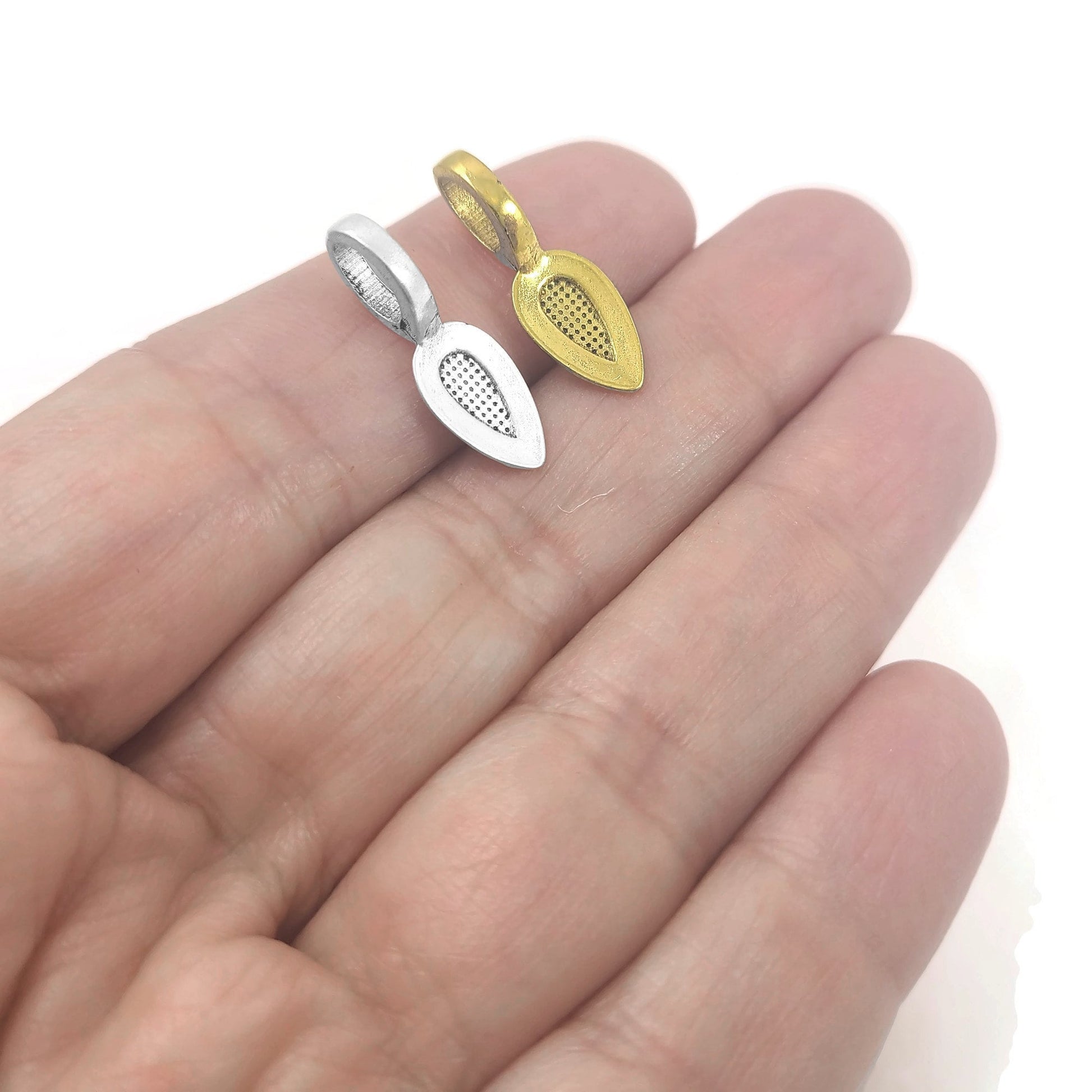 Glue on bails, Gold, Silver, Leaf oval pad, Hypoallergenic nickel free jewelry findings, Pendant making parts