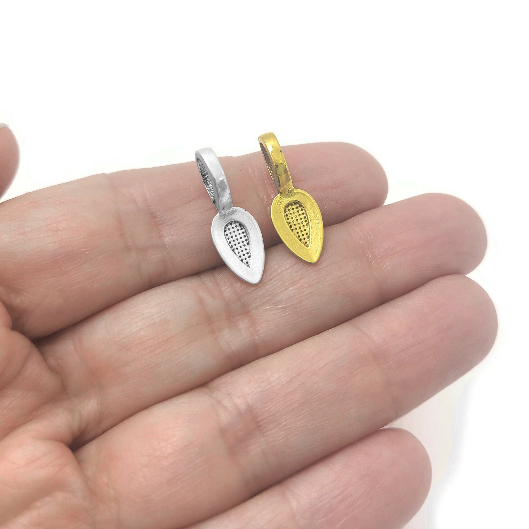 Glue on bails, Gold, Silver, Leaf oval pad, Hypoallergenic nickel free jewelry findings, Pendant making parts