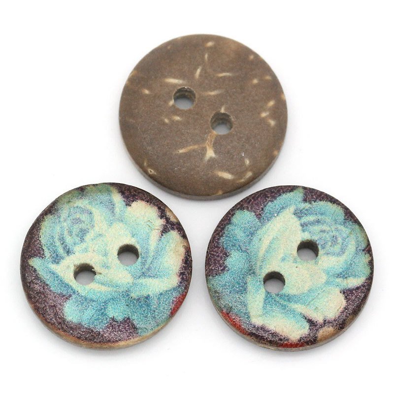 6 Boutons en bois de coco 15mm - Rose Bleue