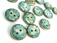 6 Coconut Shell Buttons 15mm - Blue Rose Pattern