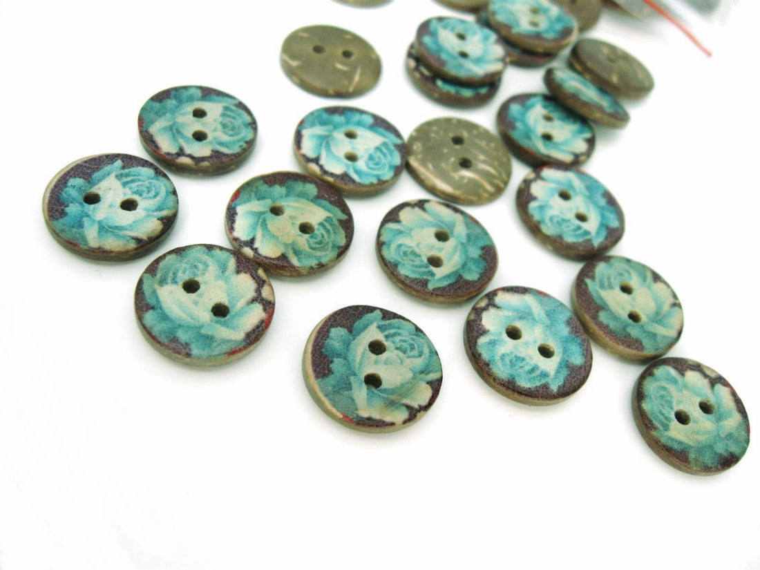 6 Boutons en bois de coco 15mm - Rose Bleue