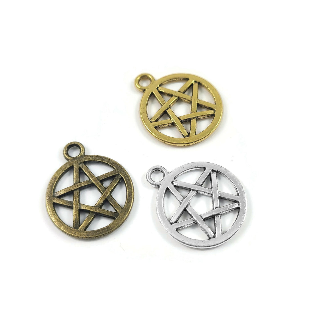 Hypoallergenic pentagram charms, 20mm nickel free pagan pendants, Pentacle star for jewelry making, Gold, Silver, Bronze