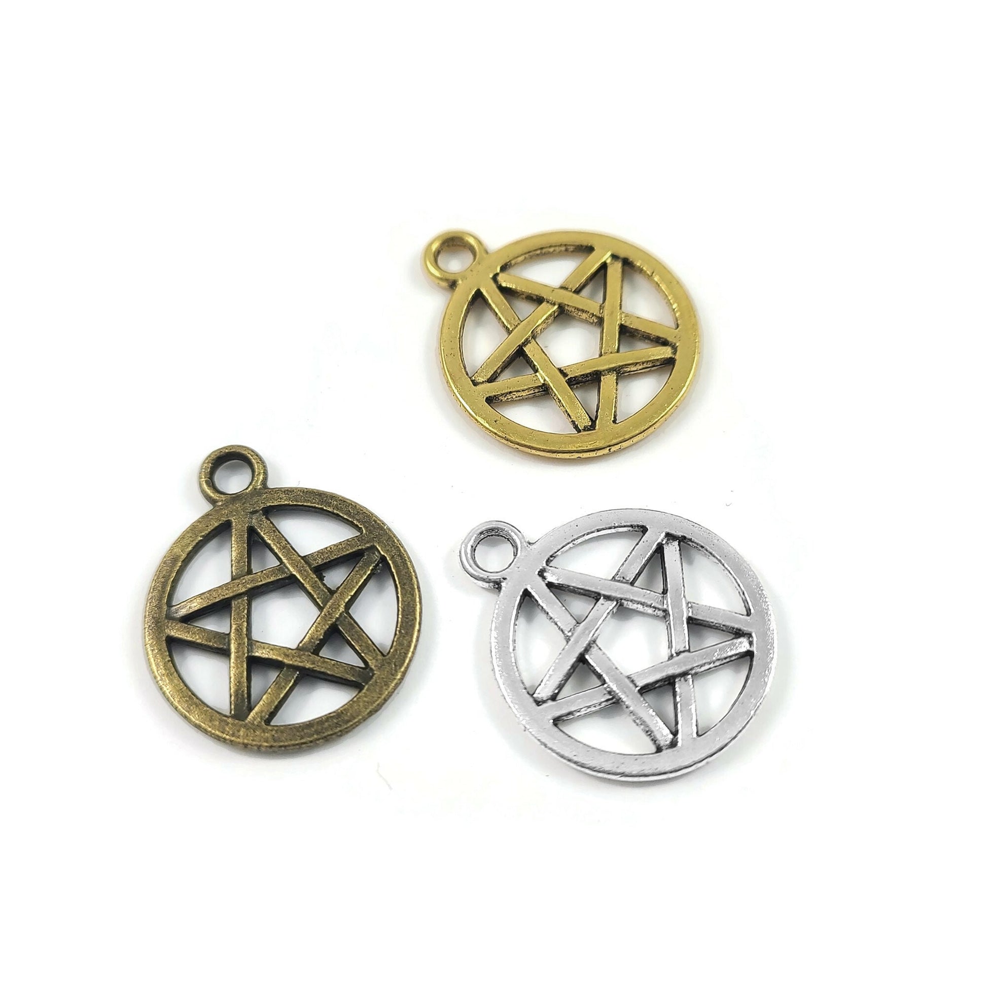 Hypoallergenic pentagram charms, 20mm nickel free pagan pendants, Pentacle star for jewelry making, Gold, Silver, Bronze