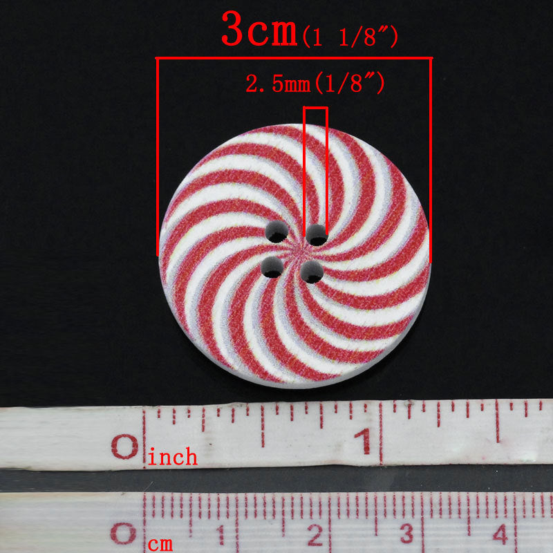 5 Candy Cane Wooden Buttons - Red and white sewing buttons 30mm