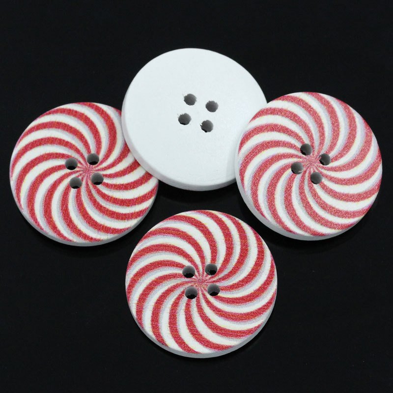 5 Candy Cane Wooden Buttons - Red and white sewing buttons 30mm