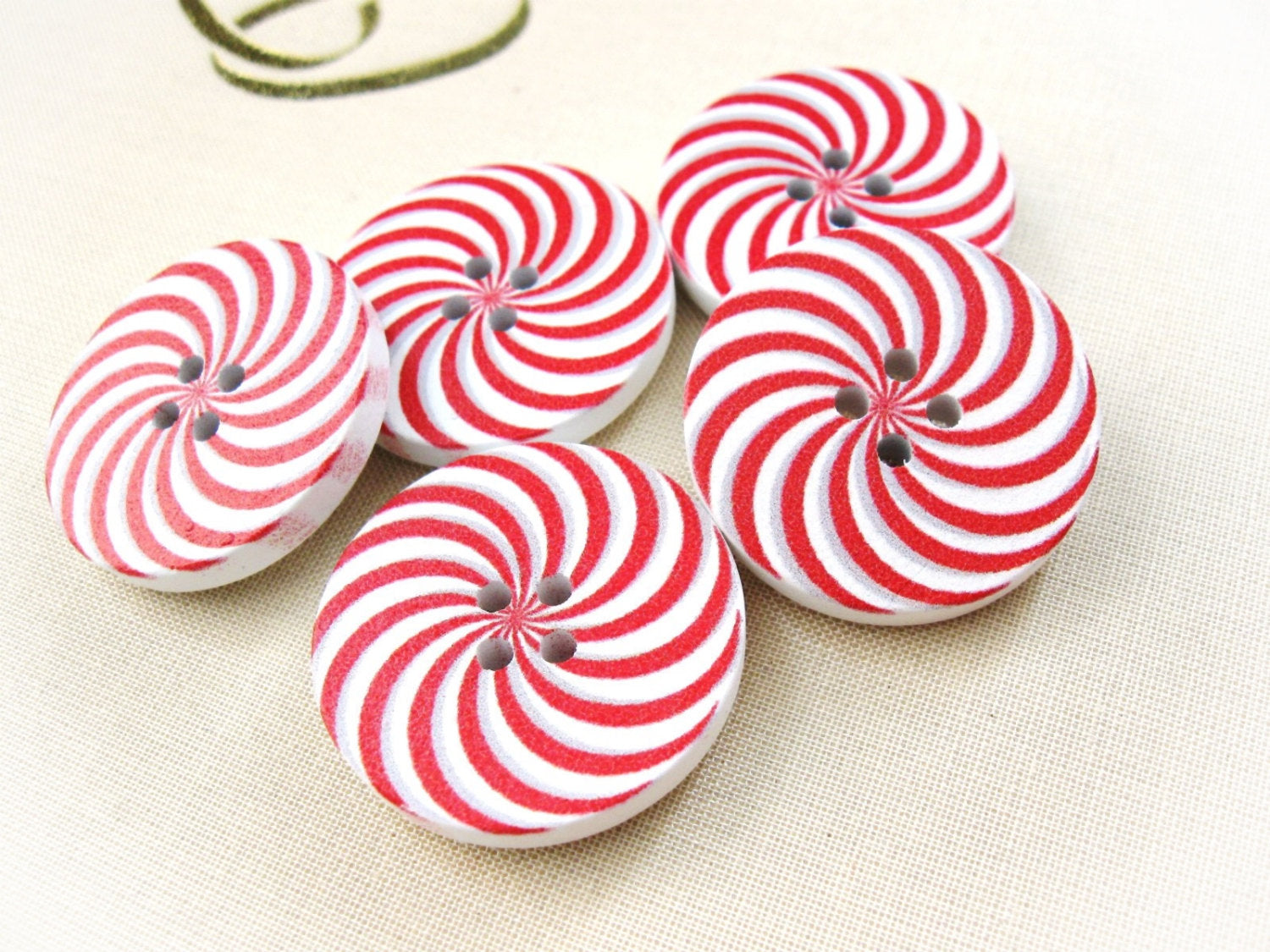 5 Candy Cane Wooden Buttons - Red and white sewing buttons 30mm