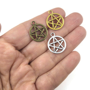 Hypoallergenic pentagram charms, 20mm nickel free pagan pendants, Pentacle star for jewelry making, Gold, Silver, Bronze
