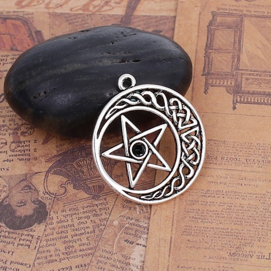 5 Celtic knot pentagram charms, Rhinestone setting, Antique silver metal pendants, Jewelry making supplies